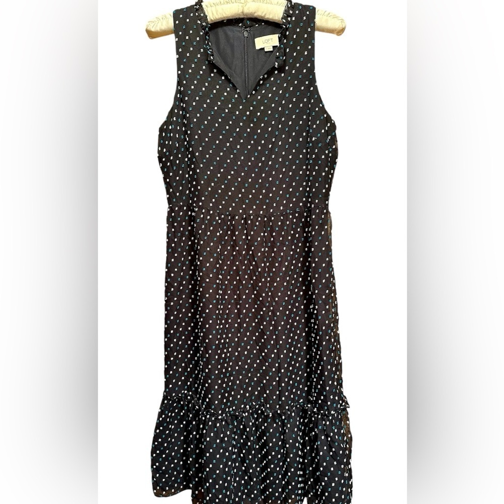 LOFT Outlet Women's Navy Green Clip Dot Flounce Ruffle Hem Sleeveless Sz. 0